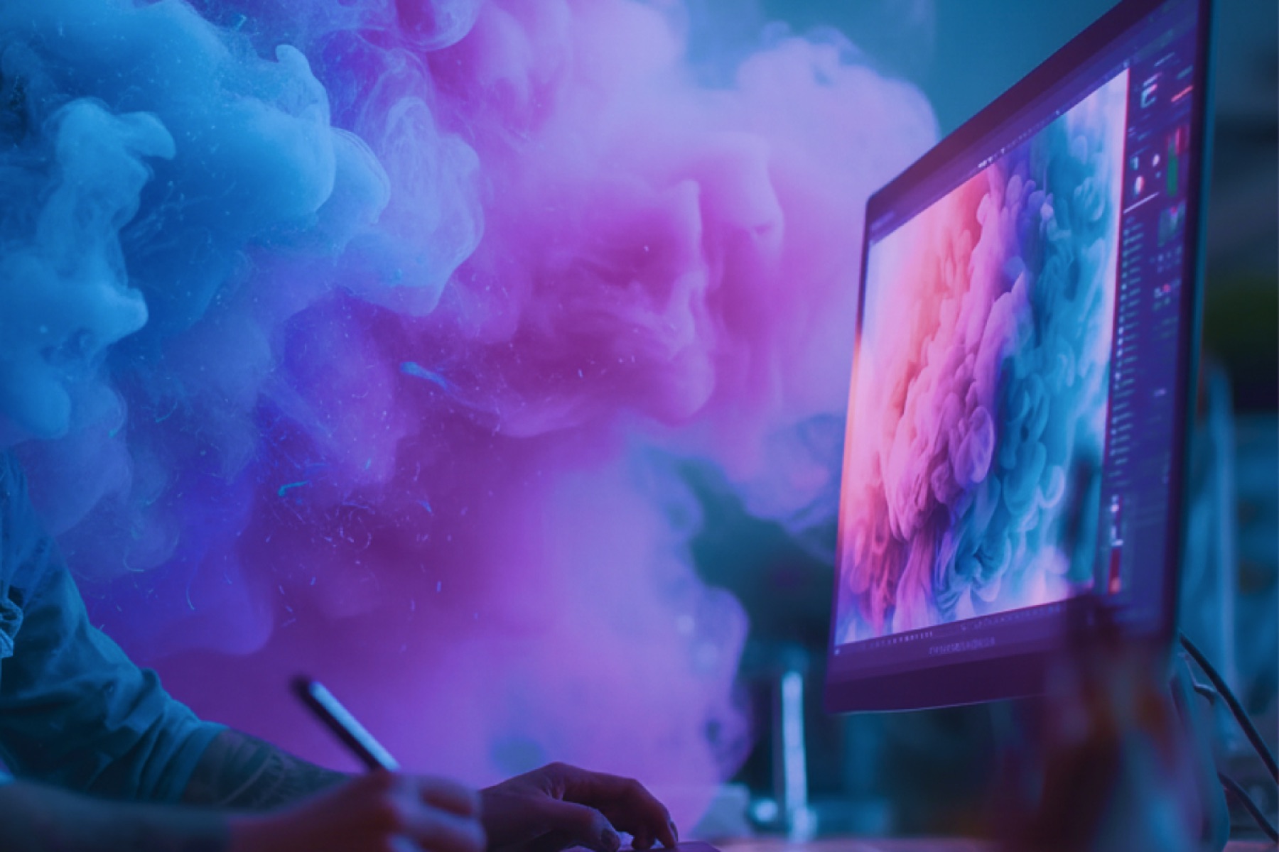 Designer working at a creative desk with digital tools.